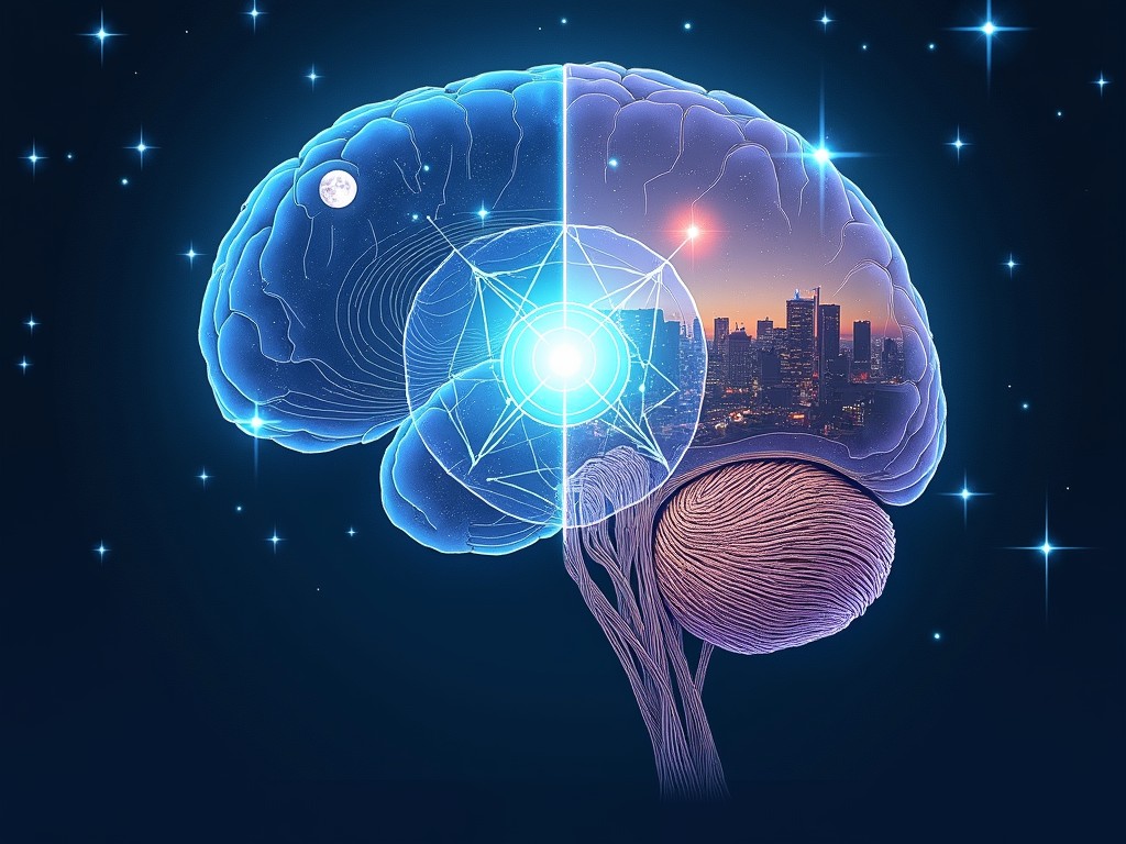 Brain illustration with glowing pineal gland and nighttime city