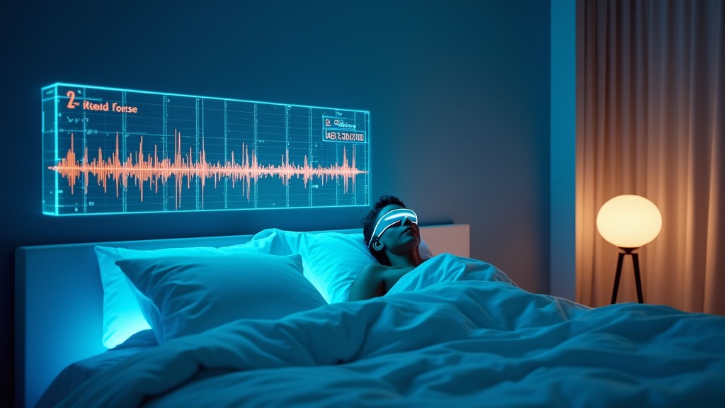 Futuristic bedroom with advanced deep sleep technology and holographic displays