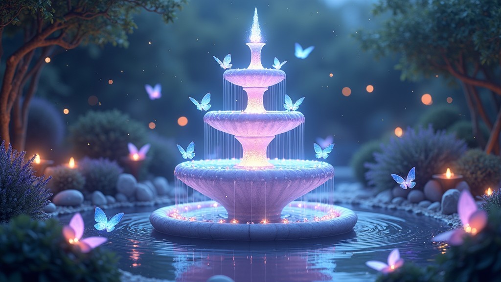 Magical fountain with glowing butterflies in mystical garden