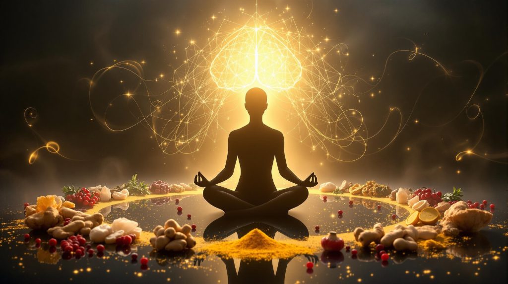 Meditating figure with glowing brain amid healing ingredients