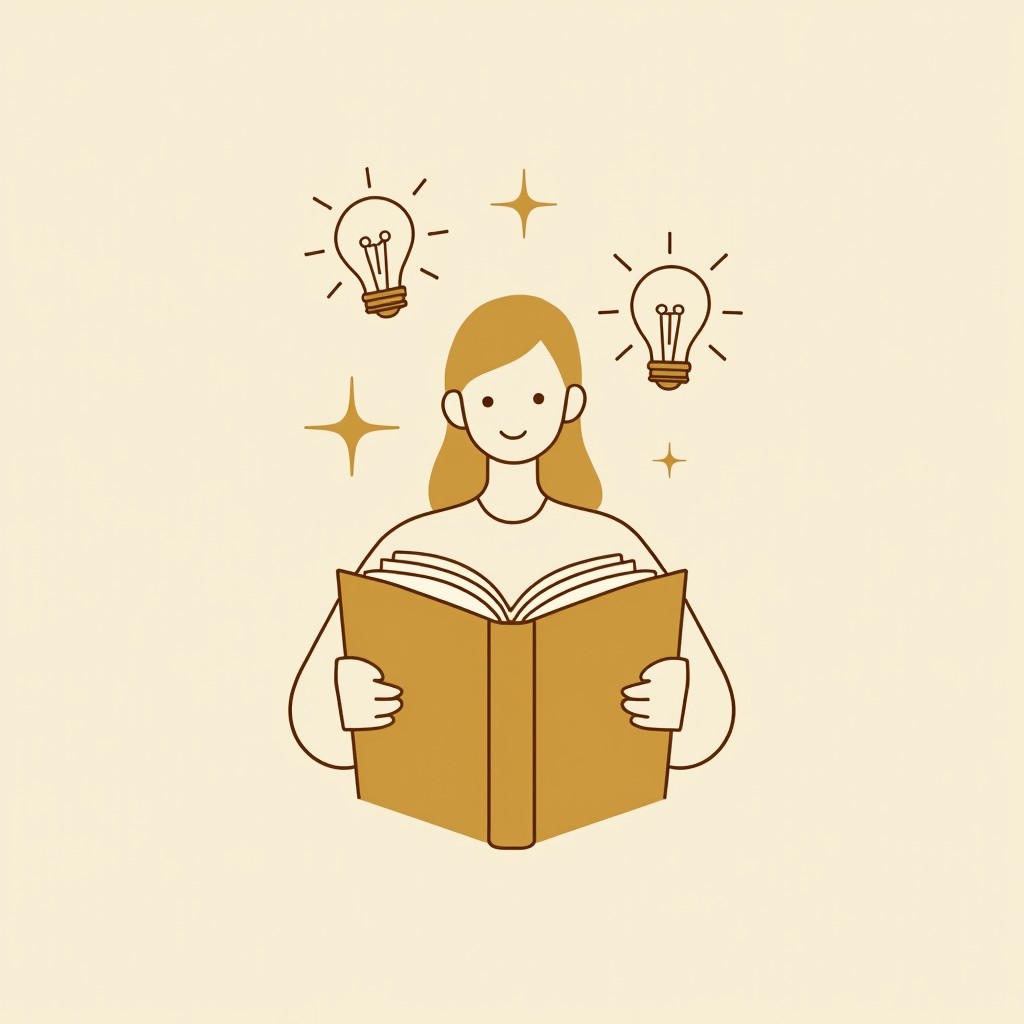 Minimalist illustration Person reading, ideas floating above