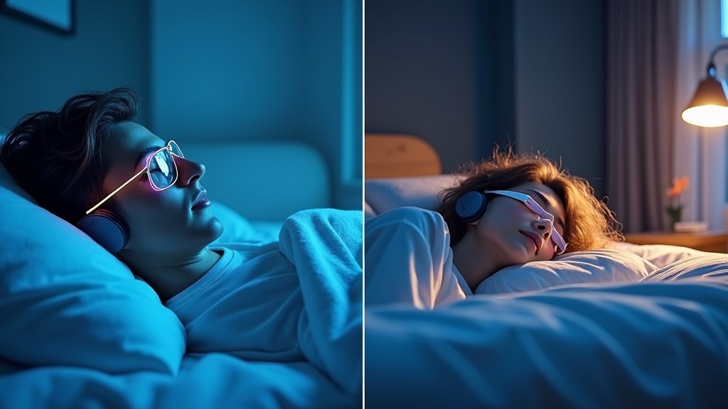 Modern sleep technology devices surrounding person in deep sleep on smart bed