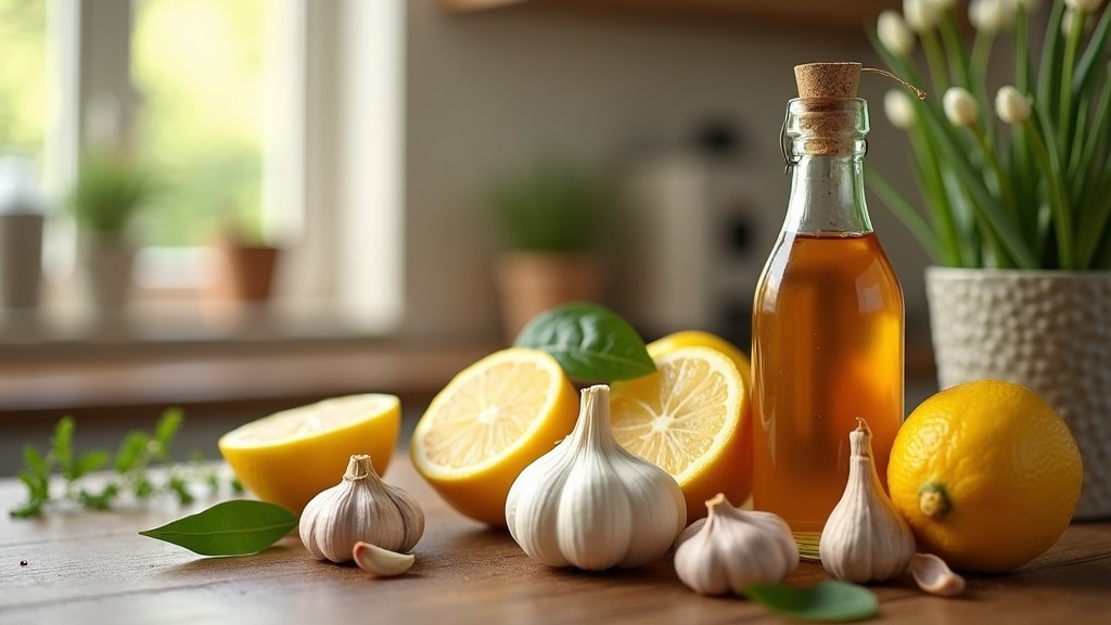 Natural foods and ingredients for pineal gland decalcification on a wooden table.