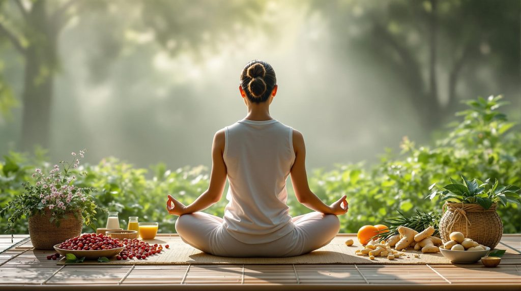 Peaceful meditation scene with natural healing ingredients