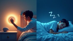 Person activates deep sleep switch then sleeps peacefully in split image