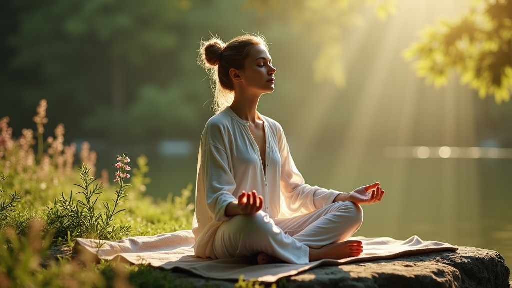 Person meditating in a peaceful outdoor setting, surrounded by nature.