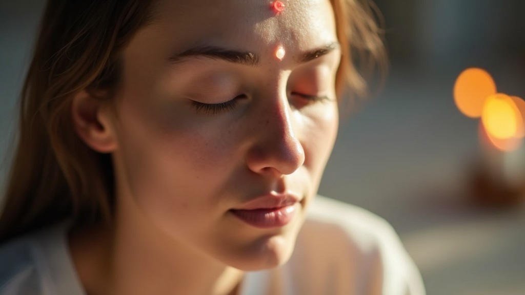 Person meditating with focus on third eye area in soft light