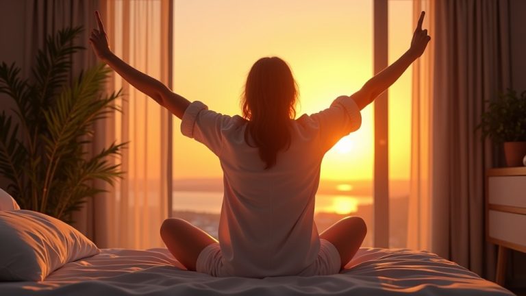 Person waking up to a sunrise, refreshed and rejuvenated.