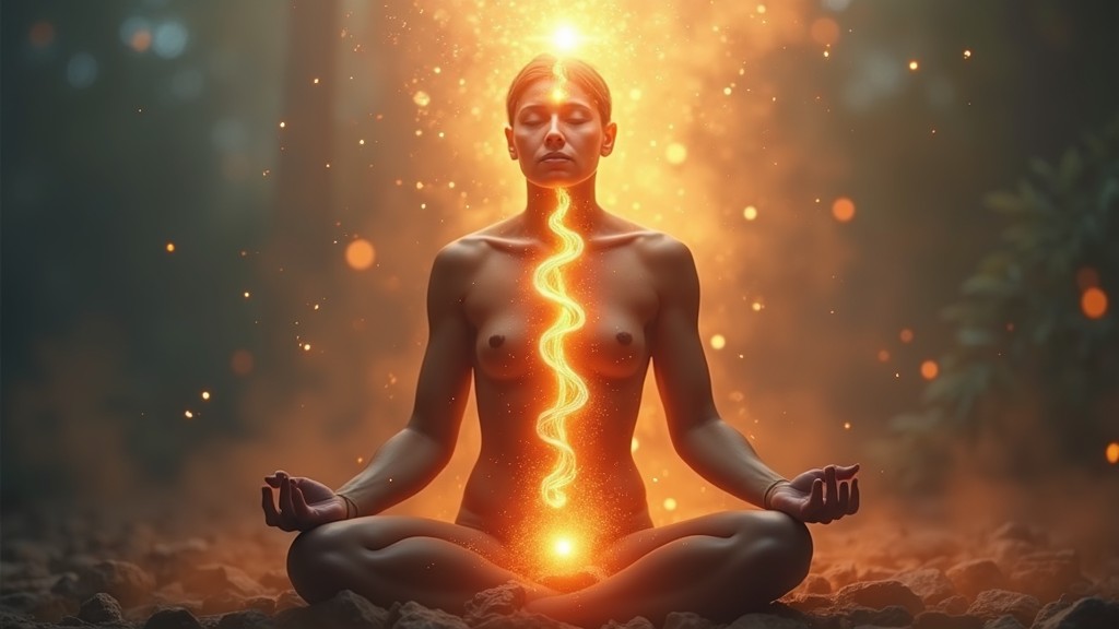 Photorealistic image of kundalini energy rising through a human silhouette emphasizing the third eye chakra activation