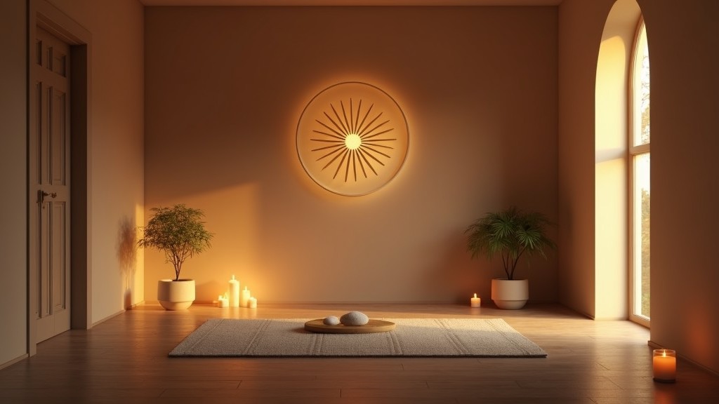 Serene meditation room with warm glow and spiritual elements.