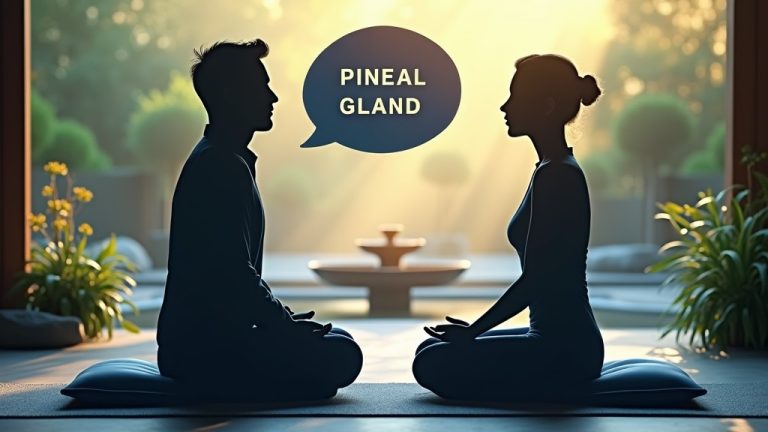 Two meditators discussing pineal gland in peaceful zen garden