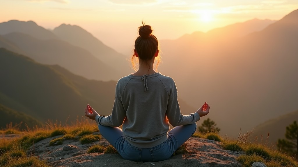 Woman meditating on mountain summit at golden sunrise