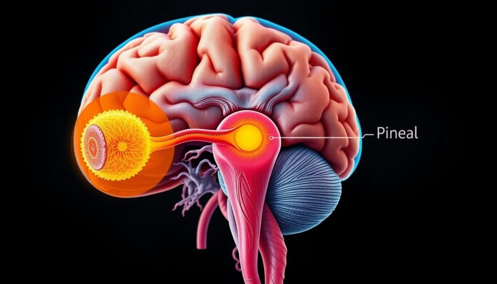 Anatomical illustration showing pineal gland location in brain