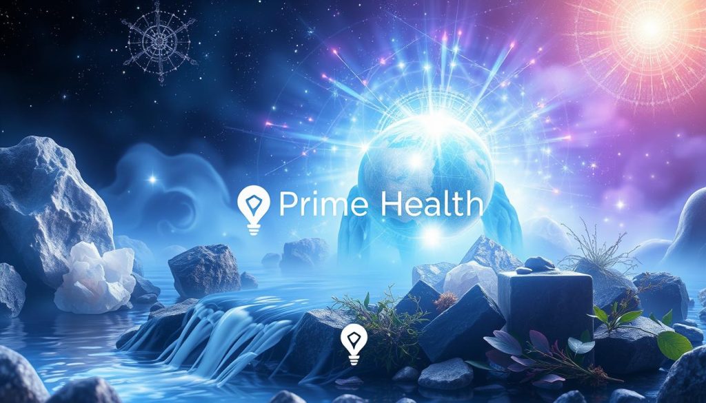 Mystical landscape featuring crystalline formations, flowing water, and cosmic elements with Prime Health logo