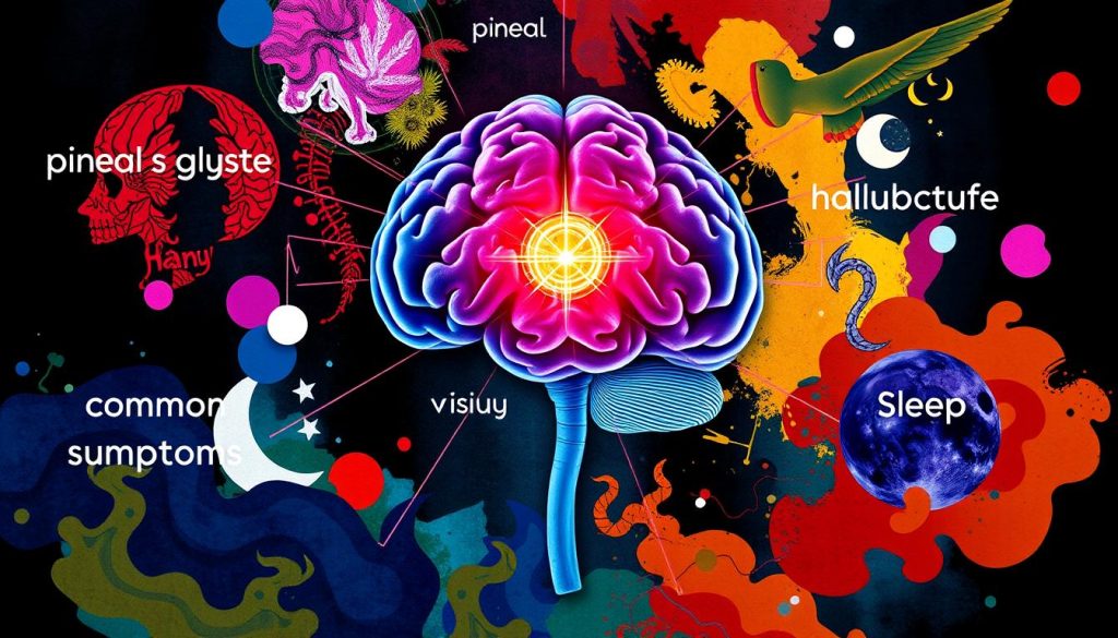 Artistic diagram showing pineal gland cyst symptoms and effects