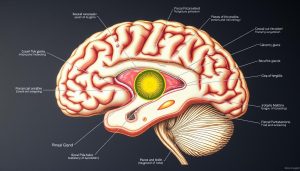 Detailed diagram of the human brain highlighting the pineal gland.