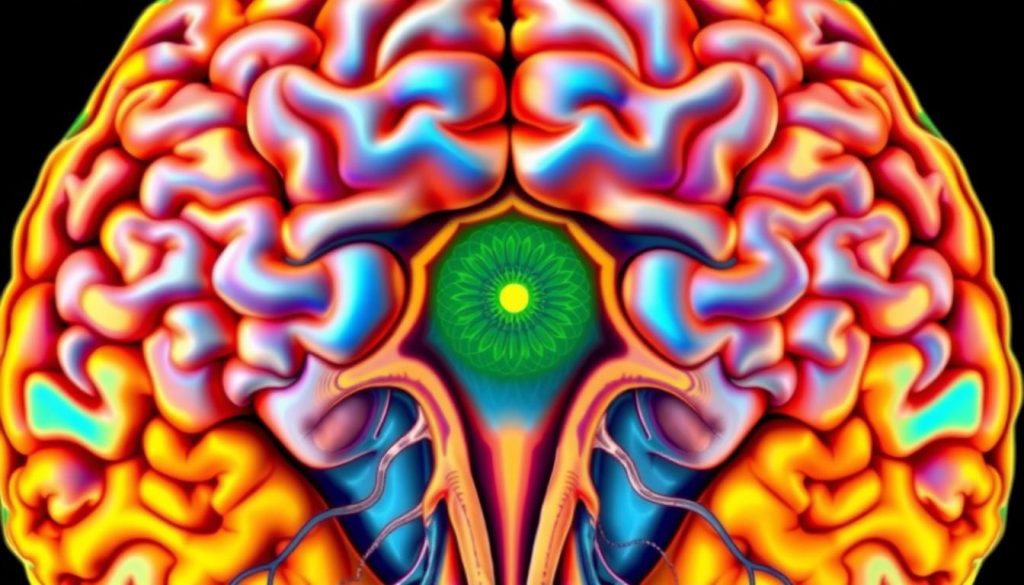 Colorful brain diagram highlighting the pineal gland's central location.