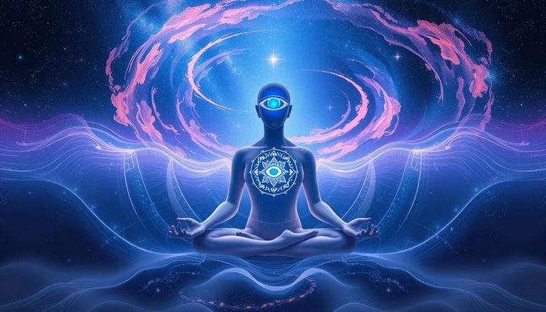 Meditating figure with third eye chakra symbol cosmic energy spiritual awakening