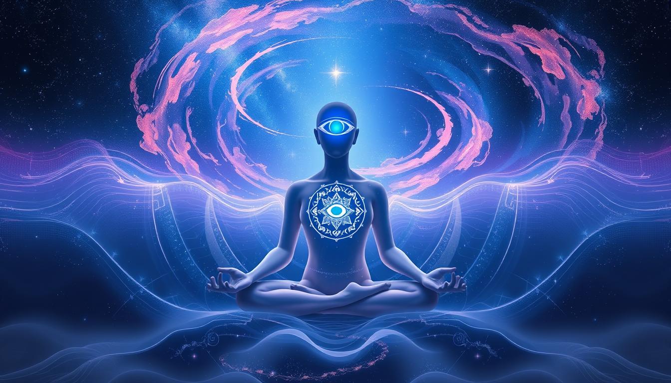 Meditating figure with third eye chakra symbol cosmic energy spiritual awakening