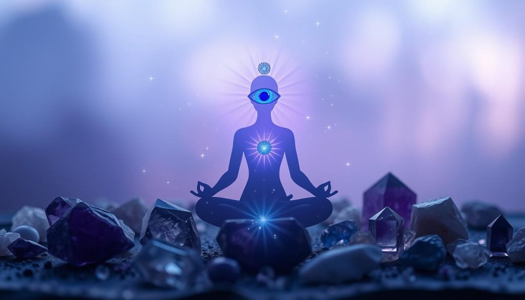 Silhouette meditating with crystals third eye chakra symbol glowing spiritual energy