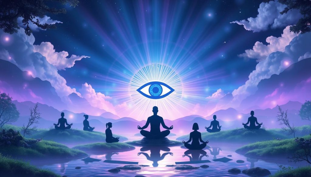 Meditating figures third eye chakra symbol radiant sky spiritual awakening practice