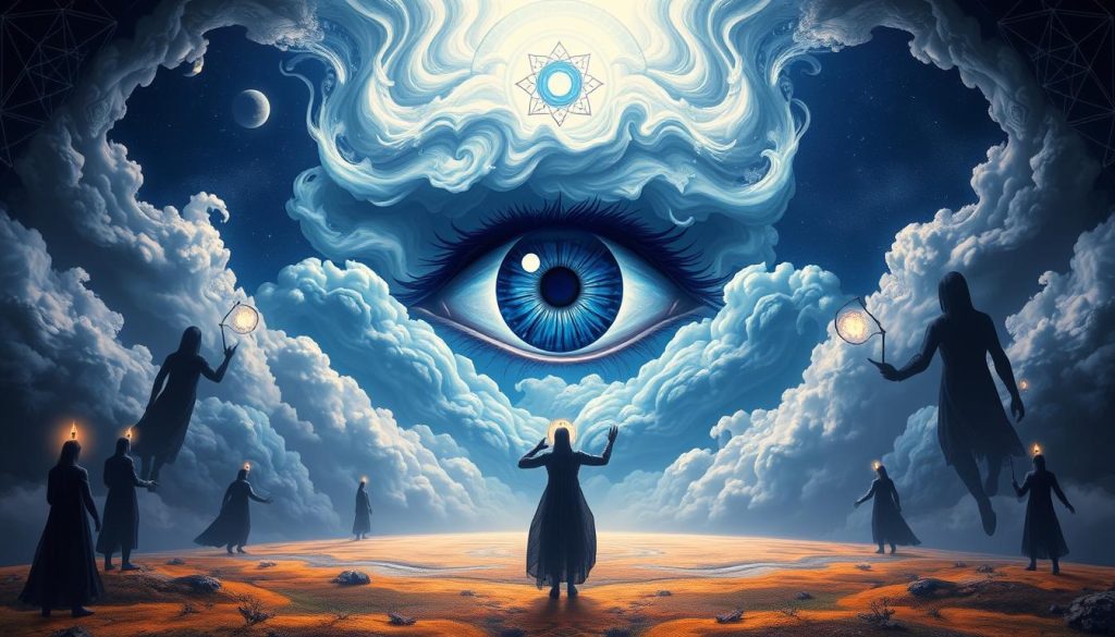 Large eye in sky third eye chakra symbol people meditating spiritual awareness