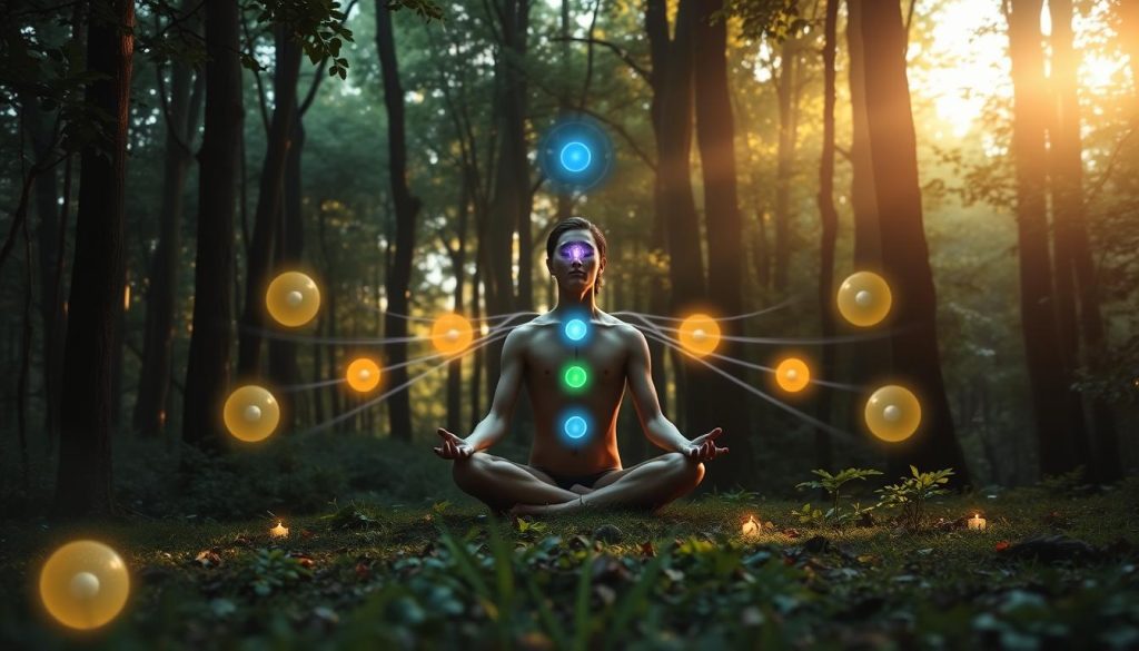 Person meditating in forest with glowing chakras third eye chakra illuminated