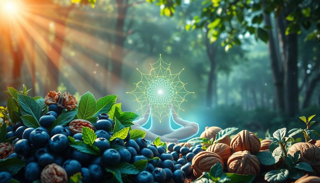 Hands holding berries and nuts with glowing third eye chakra symbol nature connection