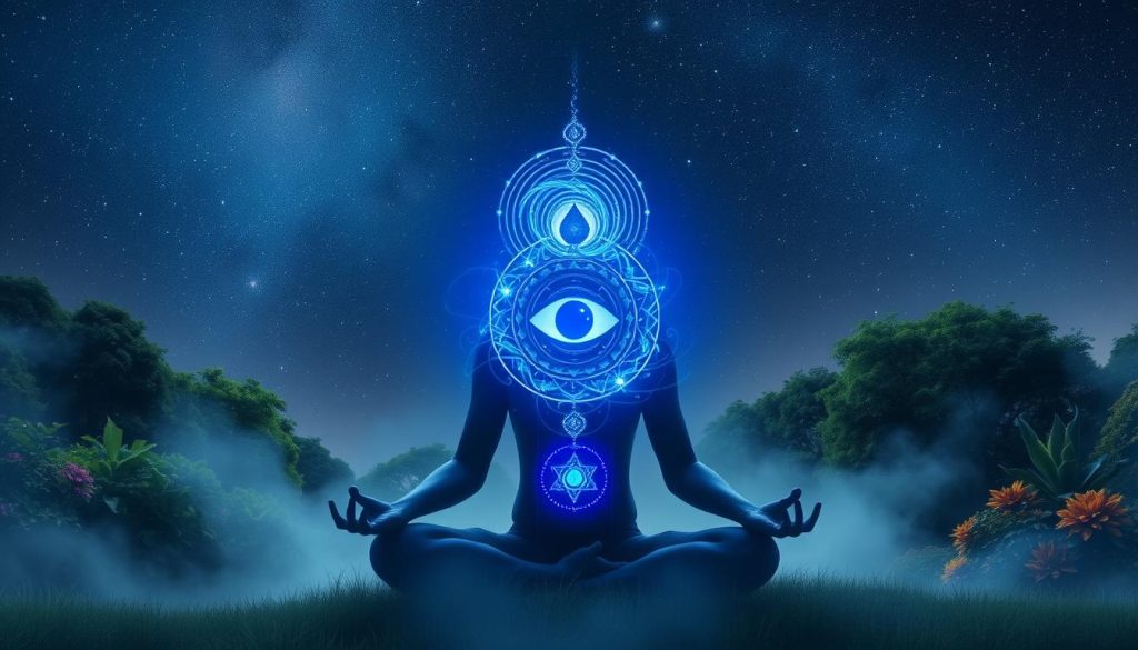 Meditating figure with glowing third eye chakra symbol in starry night sky intuition