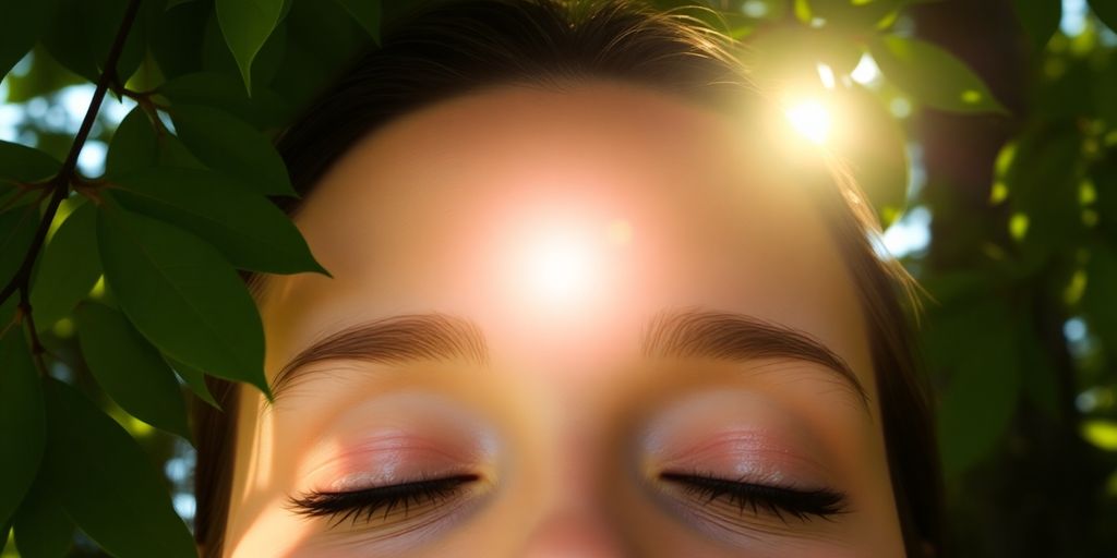 Close-up of closed eyes in sunlight with green leaves overhead