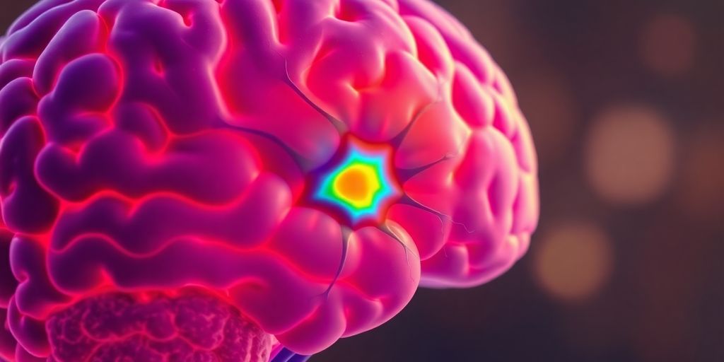 Colorful 3D visualization of brain highlighting pineal gland location